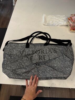 Victoria's Secret Silver Glitter Tote with Black Straps